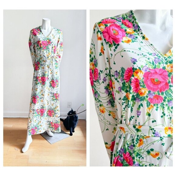 Vintage Matti of Lynne Colourful Floral Long Sleeve Maxi Dress S/M - Picture 1 of 6